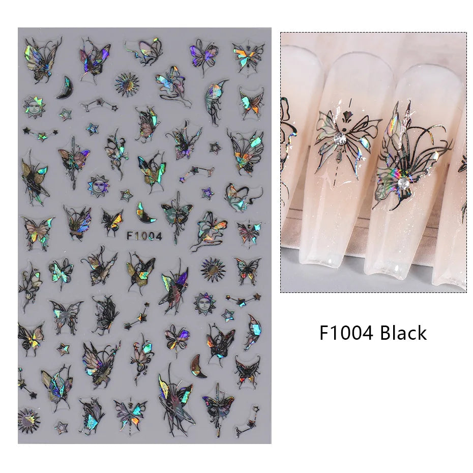 1PCS Black White Butterfly Laser Nail Stickers Y2K Nail Art Decoration Abstract Lines Bronzing Flowers Stickers For Nails