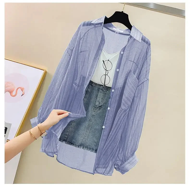 Summer Women's Elegant Chiffon Sunscreen Shirt Korean Harajuku Style See-Through Loose Blouse Thin Perspective Cardigan Yk2 Tops