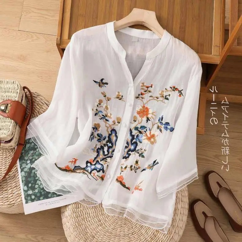 Luxury Embroidery Vintage Shirts Summer Women's Clothing Trends Tops Casual Cardigan Loose Short Coat Patchwork Buttons Blouses