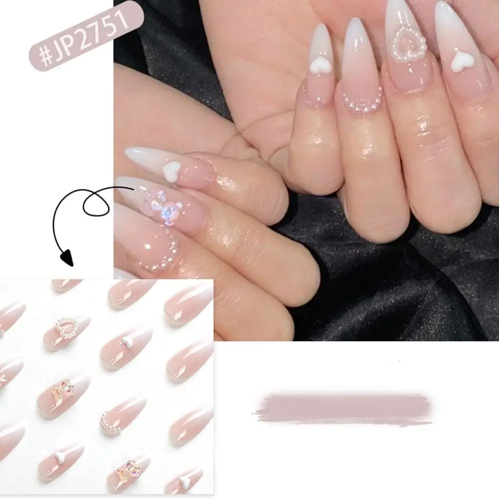 24pcs Long Almond False Nails French Pearl Love Heart Bow Press on Nails Fake Nails DIY Manicure Detachable Nail Tips