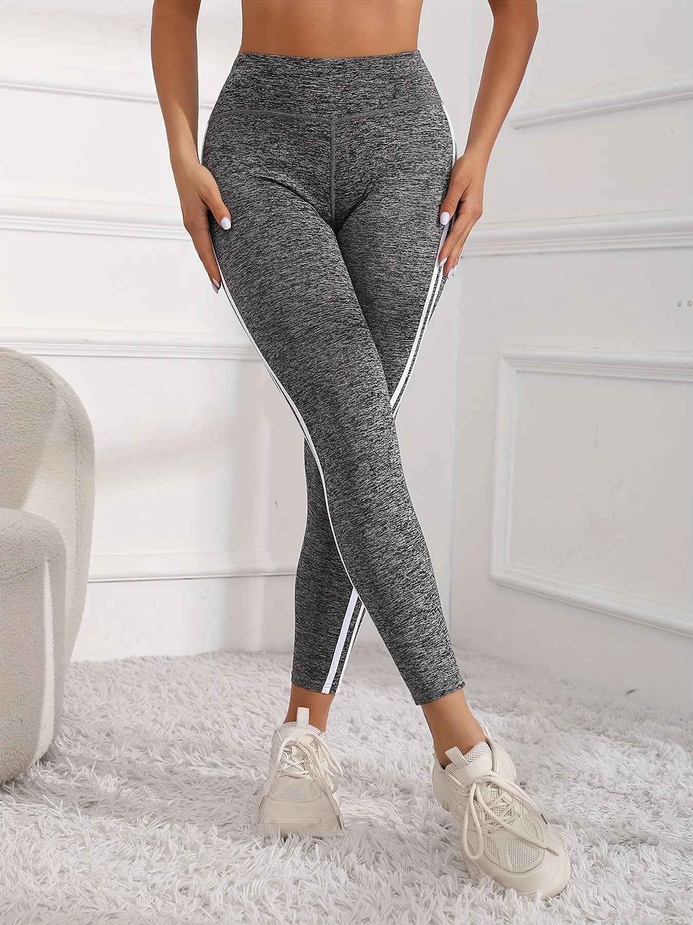 Women's Super Soft Leggings With White Striped, High Waist Stretch Workout Running Tight Pants