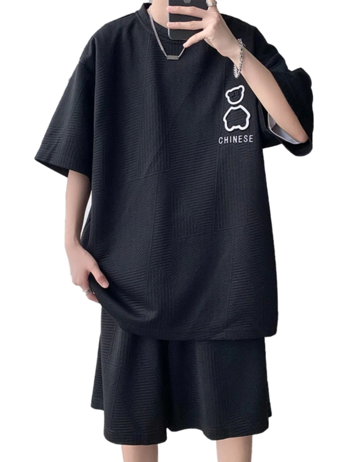 Casual Sportswear Set for Men Summer Short Sleeve Five-Quarter Pants Polyester Fiber Big Size Two-Piece Suit T-Shirt Shorts