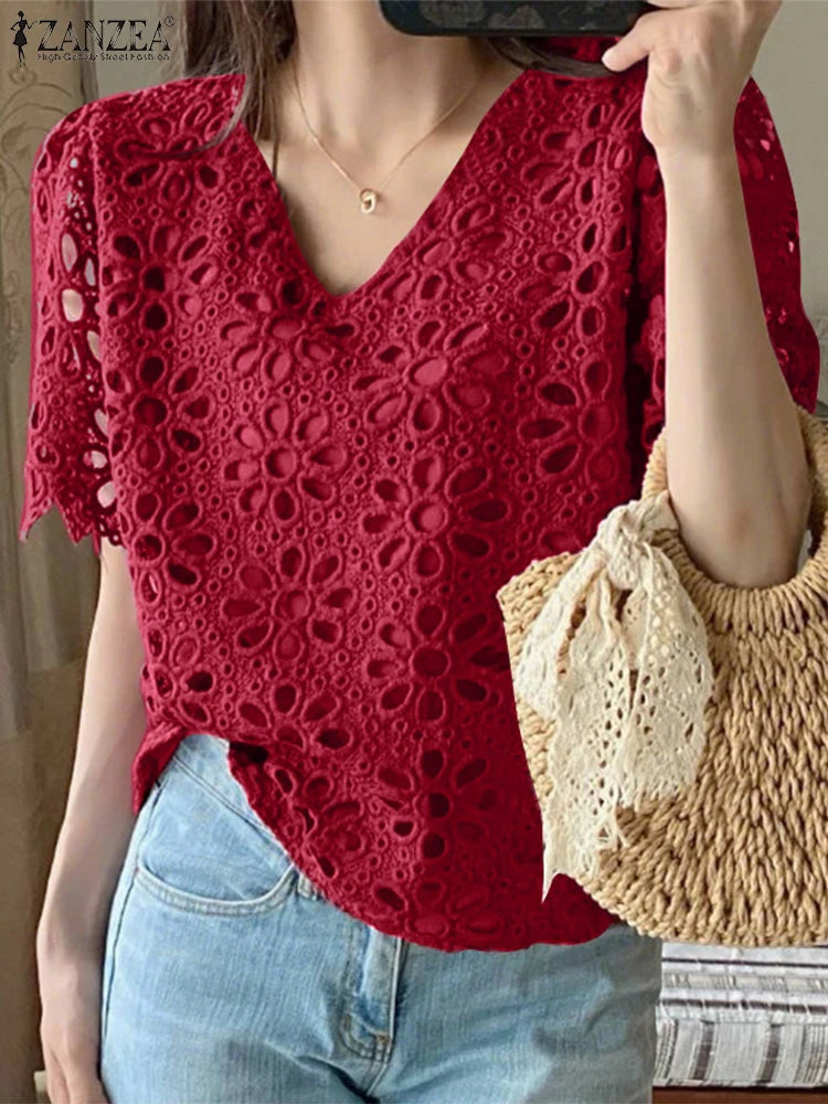 ZANZEA Summer Embroidered Openwork Blouses Women V-Neck Short Sleeve Hollow Out Lace Blusas Mujer Casual Fashion Solid Chemises