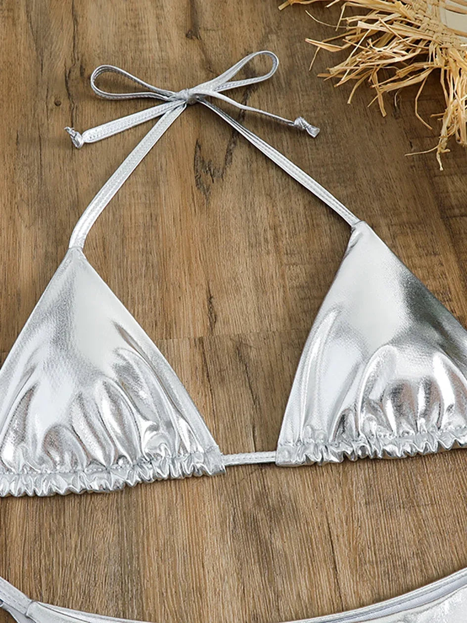 Sexy Metallic Halter Bikinis Sets Lace Up Triangle Tie Side Bikini 2024 Swimsuit Women Swimwear Brazilian Female Bathing Suits