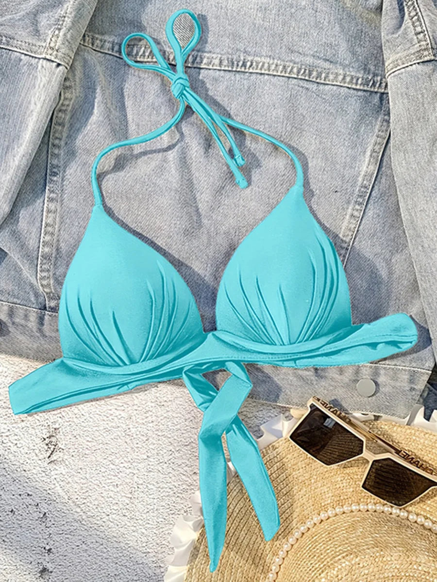 XS - XL Sexy 2025 Push Up Bra Cup Halter Bikini Top Female Swimsuit Women Swimwear Bather Bathing Suit Swim Solid Beach wear Top