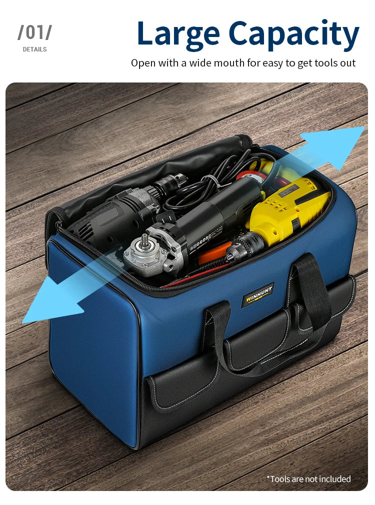 Heavy Duty Wide Mouth Tool Bag with Pockets, Organizer for Men's Tool Storage and Transport