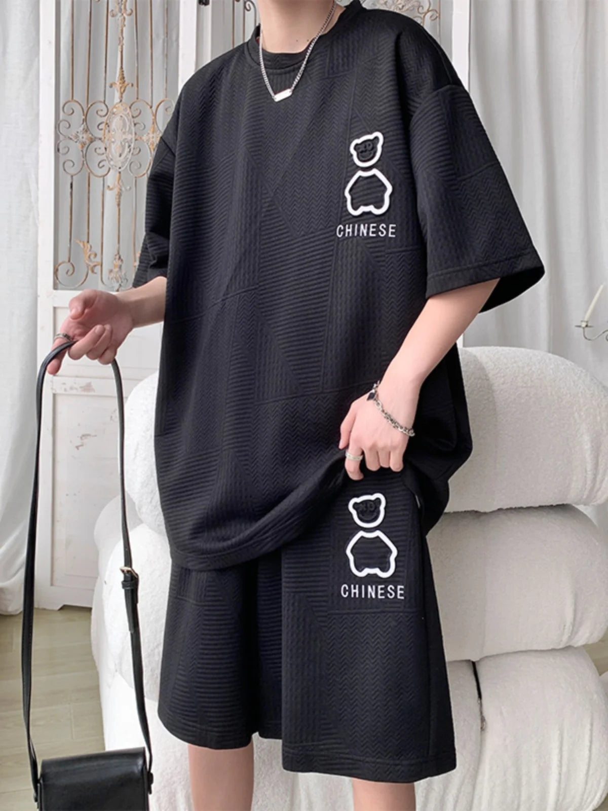Casual Sportswear Set for Men Summer Short Sleeve Five-Quarter Pants Polyester Fiber Big Size Two-Piece Suit T-Shirt Shorts