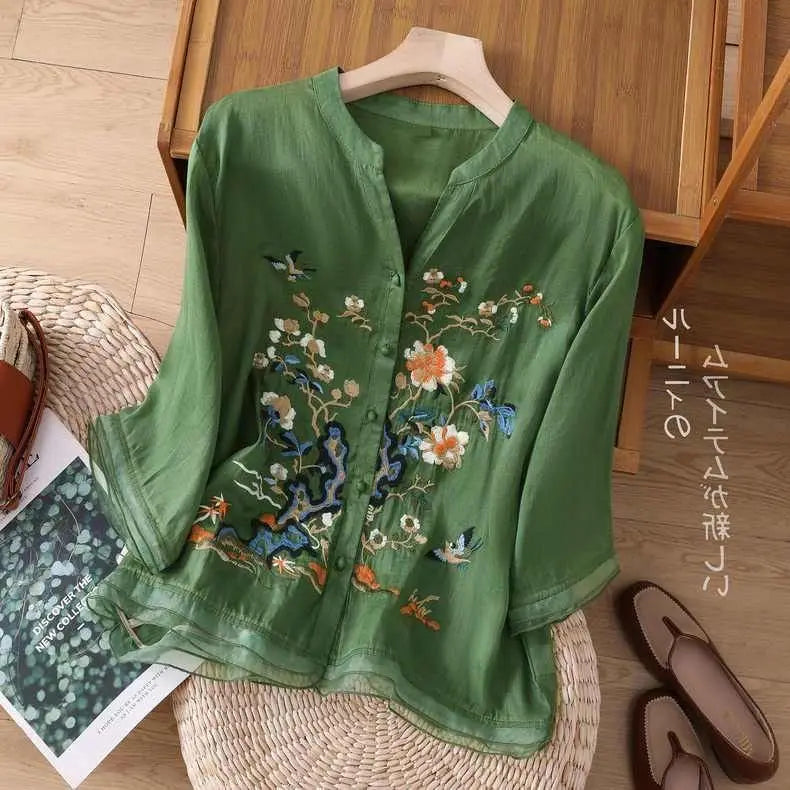 Luxury Embroidery Vintage Shirts Summer Women's Clothing Trends Tops Casual Cardigan Loose Short Coat Patchwork Buttons Blouses
