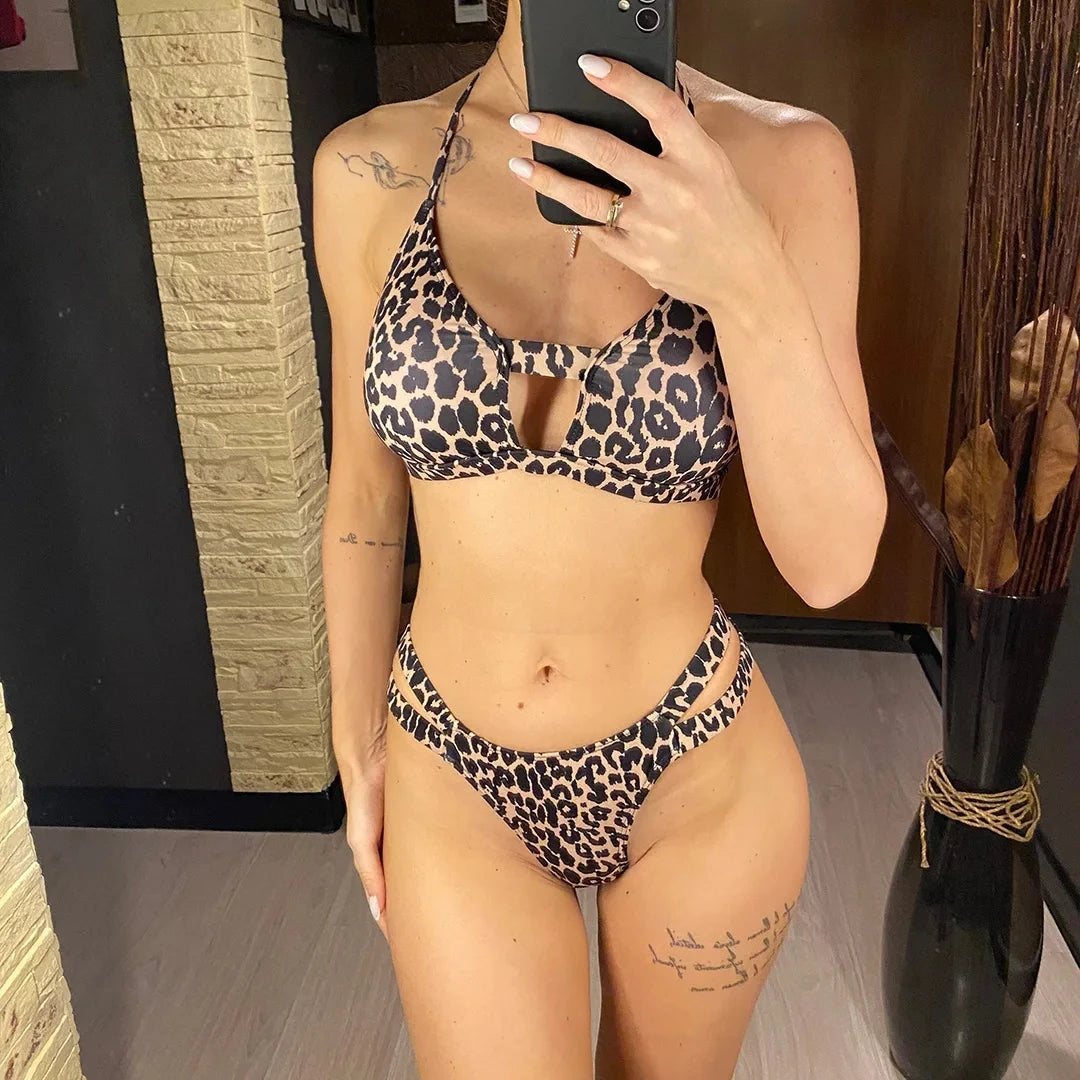Bikinis 2026 Woman Sexy Strappy Halter Leopard Bikini Women Swimwear Female Swimsuit Two-pieces Bikini set Padded Bathing Suit