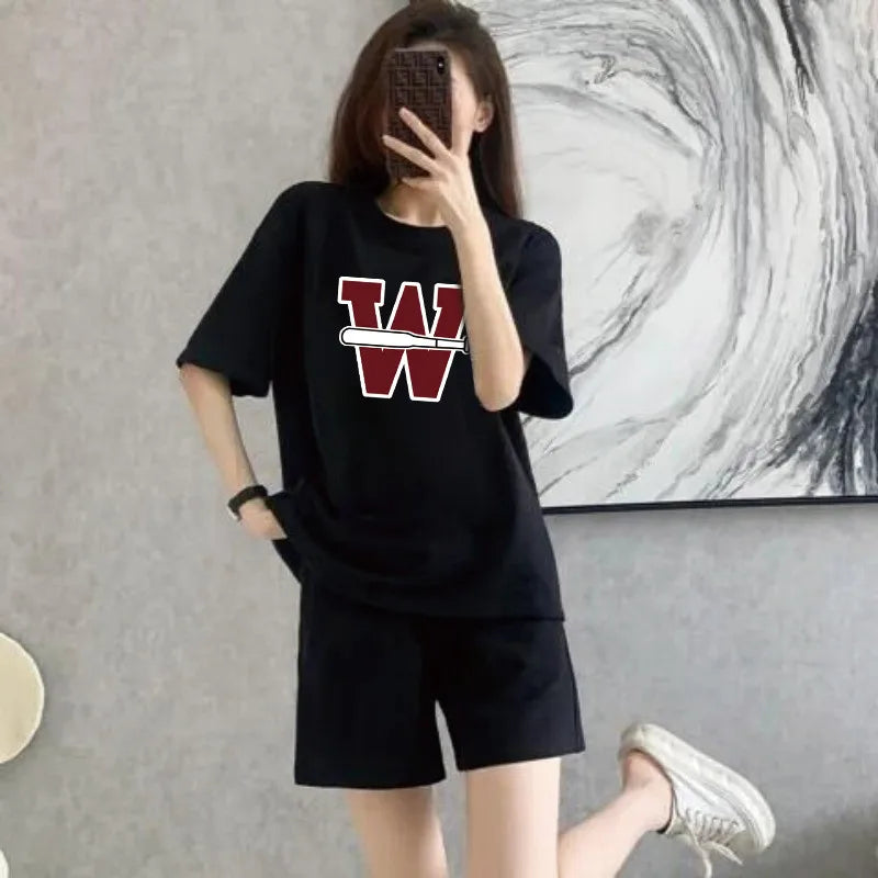 Summer 2 Piece Outfit for Women, Oversized Letter Print T-Shirt and Shorts, Co-ord Set