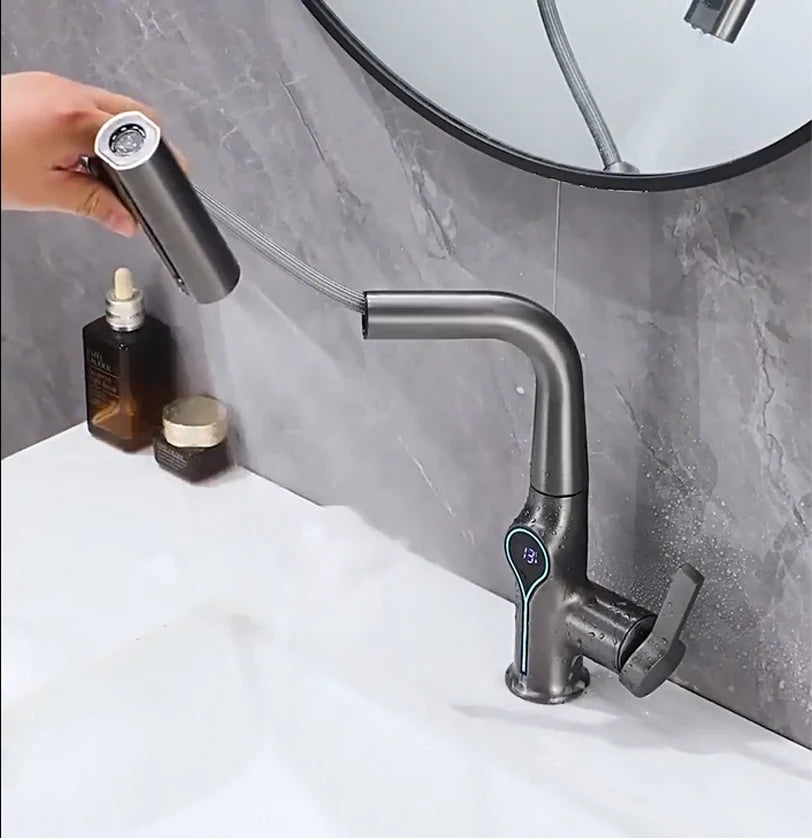 Lift Up Down Stream Sprayer Hot Cold Water Sink Mixer Wash Tap For Bathroom Waterfall Temperature Digital Display Basin Faucet