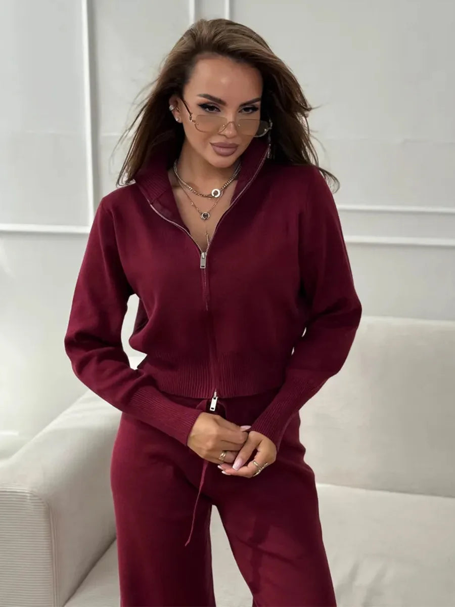 Bornladies Women's New Knit Zip Up Cardigan Wide Leg Pants Set Soft Fabric Cropped Elastic Waist Autumn Winter Fashion Sweater