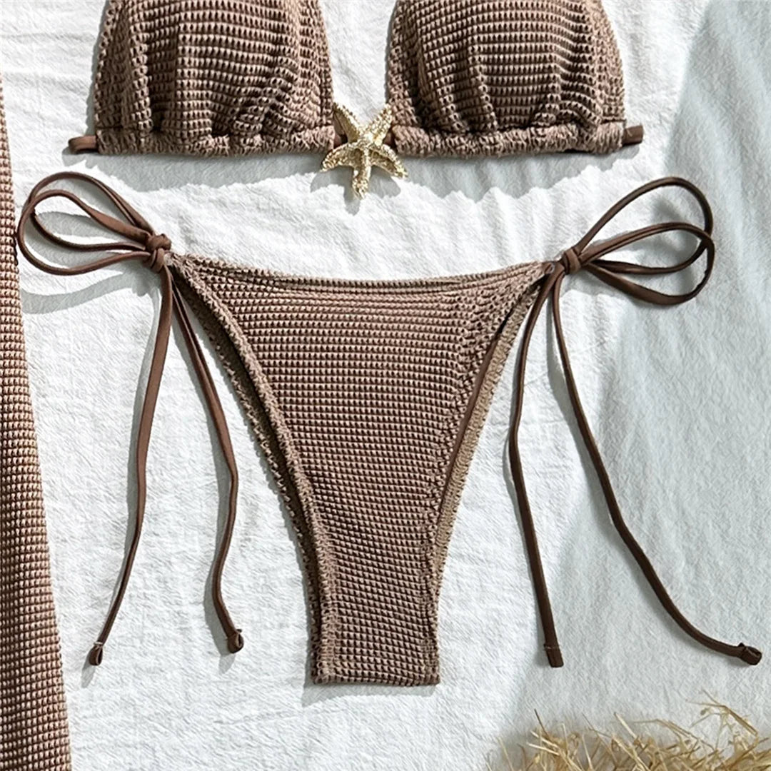 Metal Star Halter With Skirt Bikini Female Swimsuit Women Swimwear Three-pieces Bikini set Padded Bather Bathing Suit Swim V6740