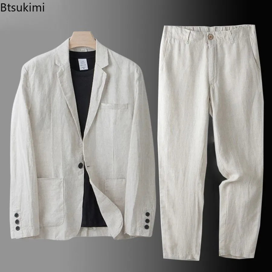 2026Summer Linen Suit Sets Men's Blazers Pants Suit Loose Casual High Street Sunscreen Jackets Long Trousers Set Male Clothes