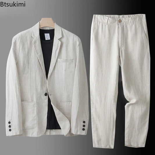 2026Summer Linen Suit Sets Men's Blazers Pants Suit Loose Casual High Street Sunscreen Jackets Long Trousers Set Male Clothes