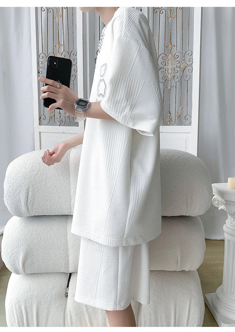 Casual Sportswear Set for Men Summer Short Sleeve Five-Quarter Pants Polyester Fiber Big Size Two-Piece Suit T-Shirt Shorts