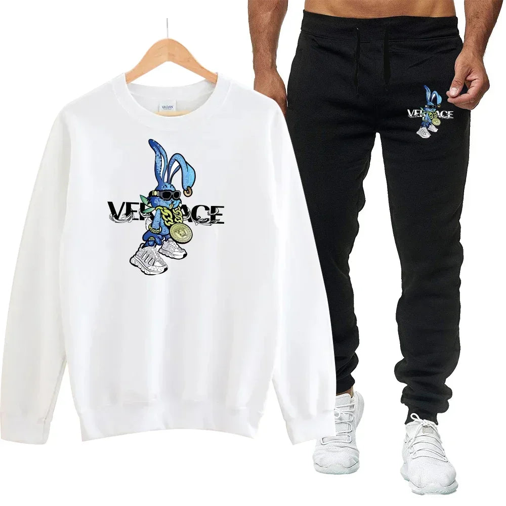 Men's autumn round neck sweatshirt set, luxurious printed simple casual sports set