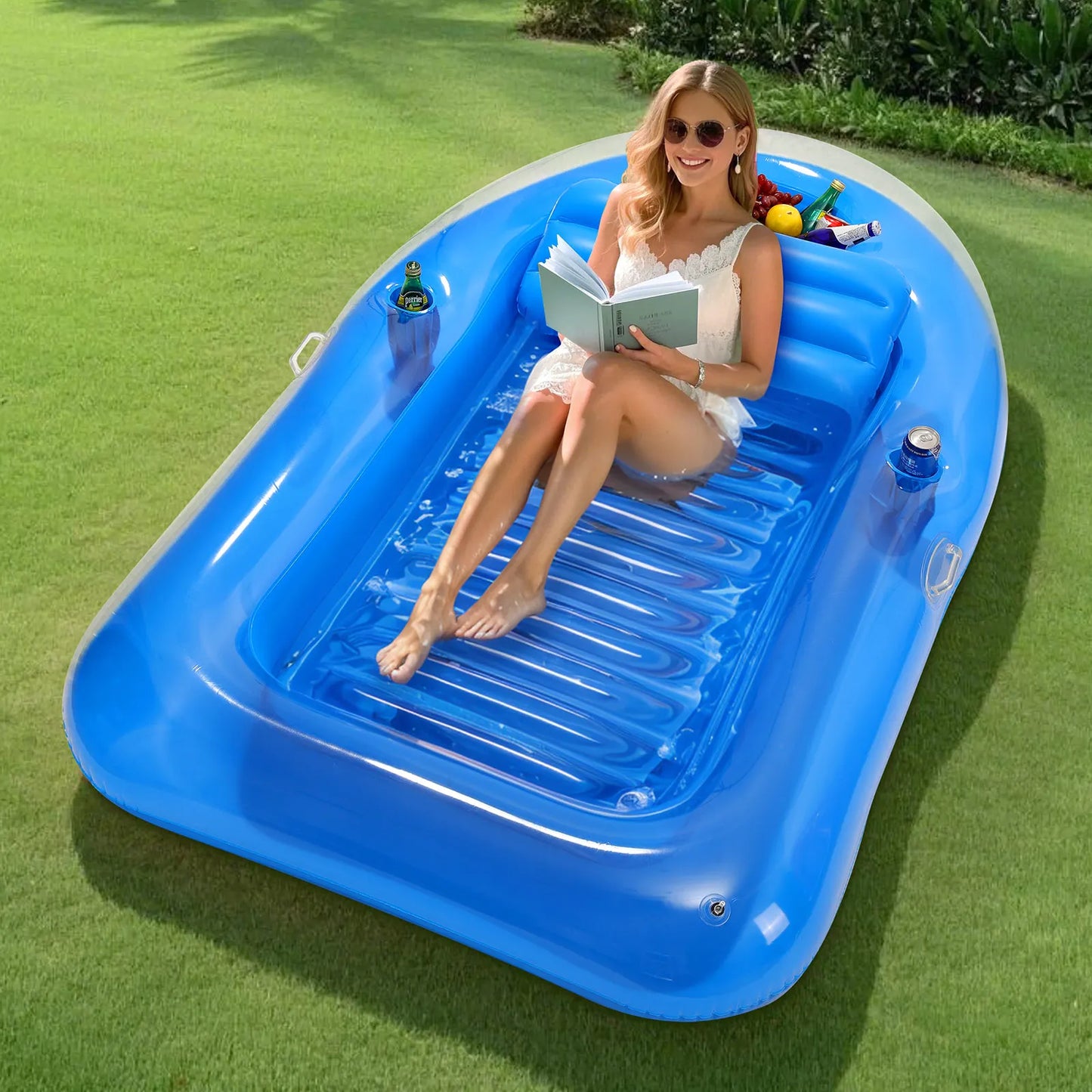 MoKo Inflatable Tanning Pool Lounge Float Pool Floats Adult Boat with Ice Bar and Cup Holders Large Suntan Tub Raft Floaties