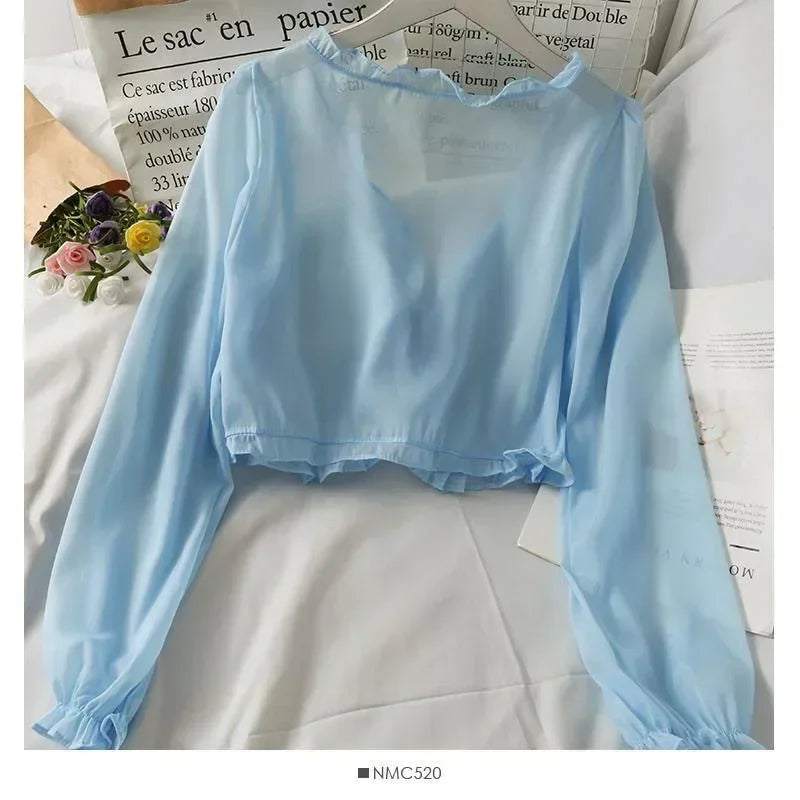 Summer Ruffled Shawl Solid Color Chiffon Women's Long Sleeve Thin Y2K Coat Cape Bolero Summer Wear Cloak Shrug  For Vacation