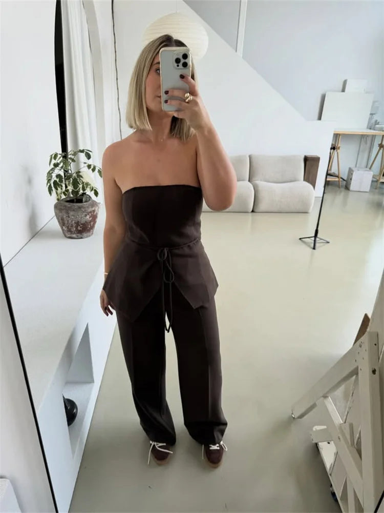 Women Pant Sets Sexy Backless Straps Sleeveless Lace Up Vest Loose Wide Leg Pants Suit Female Summer Fashion Lady Outfits