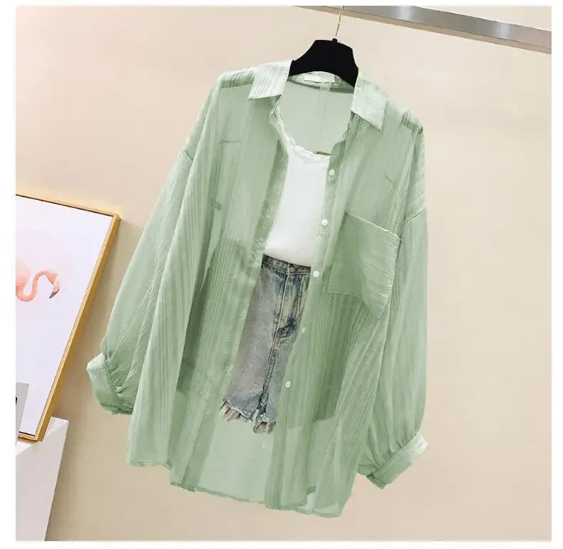 Summer Women's Elegant Chiffon Sunscreen Shirt Korean Harajuku Style See-Through Loose Blouse Thin Perspective Cardigan Yk2 Tops