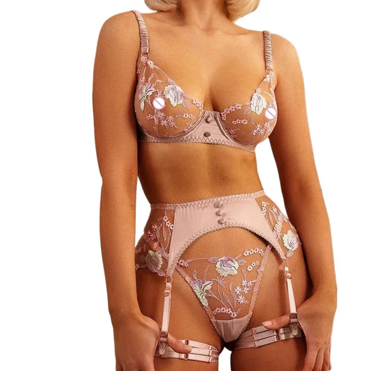 Ellolace Sensual Women Lingerie Fancy Floral Sheen Silk Underwear Transparent Garter Exotic Sets Fairy Luxury Intimate Goods