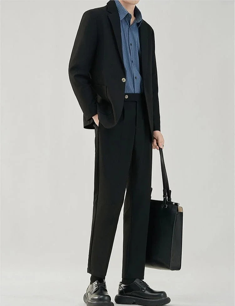2 Piece Outfit Set Male Solid Color Youth Trends Costumes Ceremony Pants Full Men's Suits and Blazers Clothes Classic Elegant