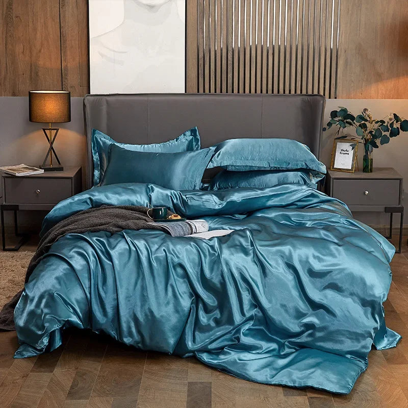Solid Color Silk-like Bedding European and American Bed Sheet Quilt Cover Pillowcase