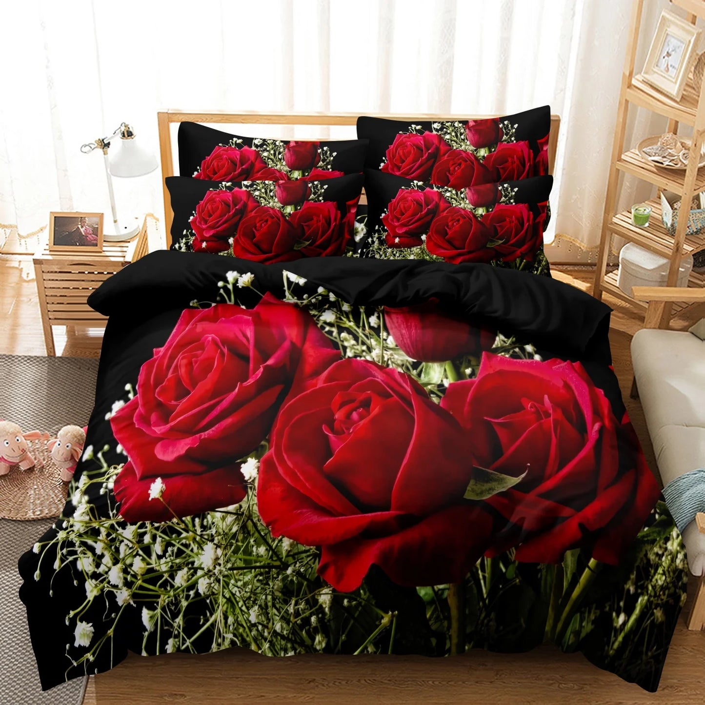 3pcs Red Rose Print Bedding, Bedroom Decor Duvet Cover With Pillowcases Set, No Filler (1* Duvet Cover + 2*Pillowcases)