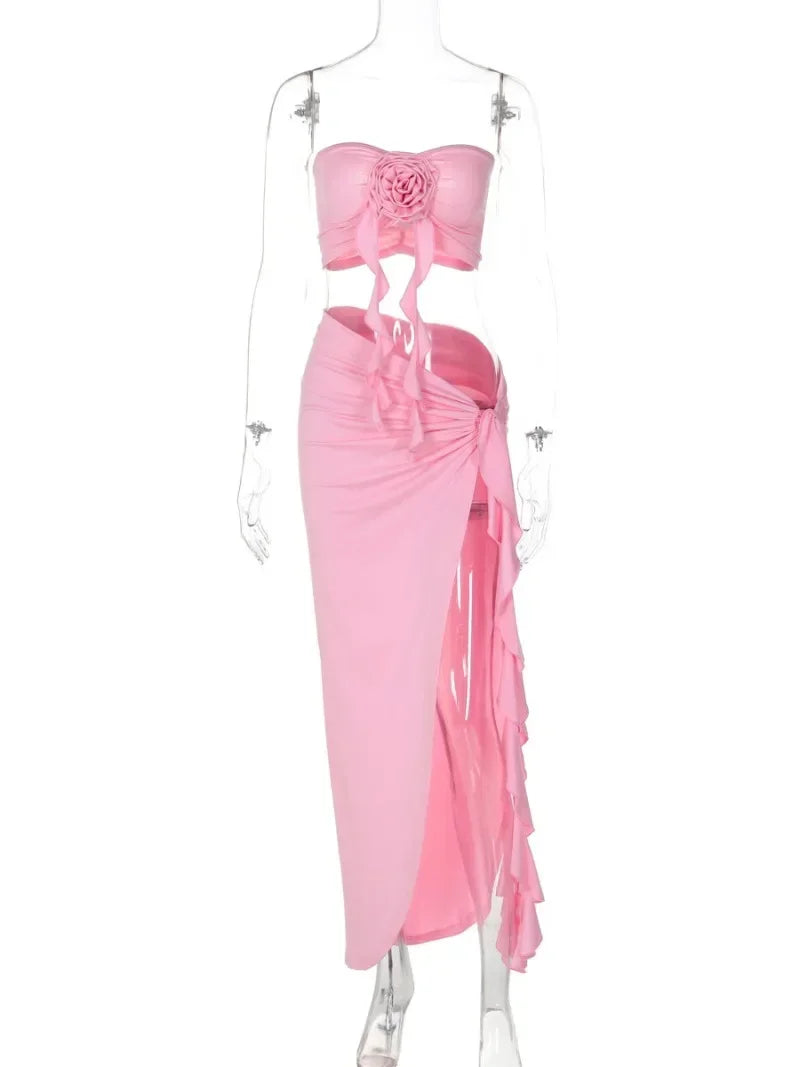 Women's Elegant Two Pieces Dresses Suits Flower Corset Top and High Slit Long Skirts Matching Sets Red Pink Vacation Outfit 2026