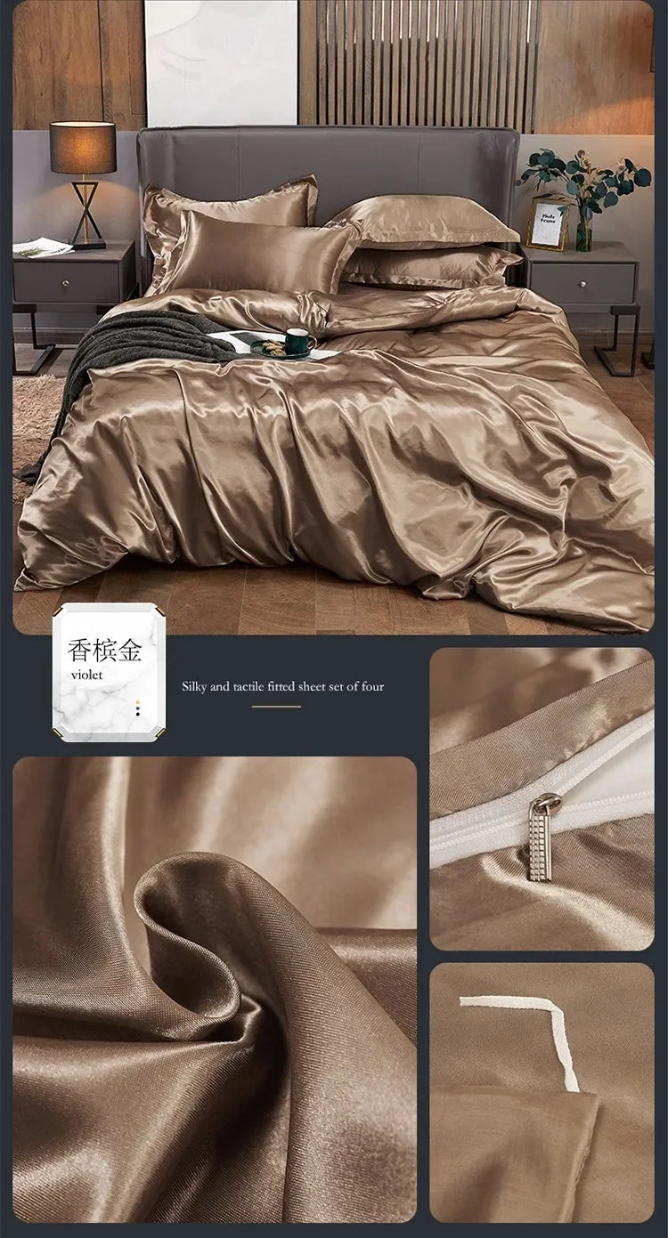 Solid Color Silk-like Bedding European and American Bed Sheet Quilt Cover Pillowcase