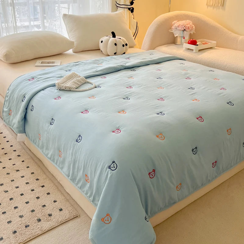 2025 New Embroidered, washed cotton, summer quilt, air-conditioned, skin friendly, breathable, machine washable bedding