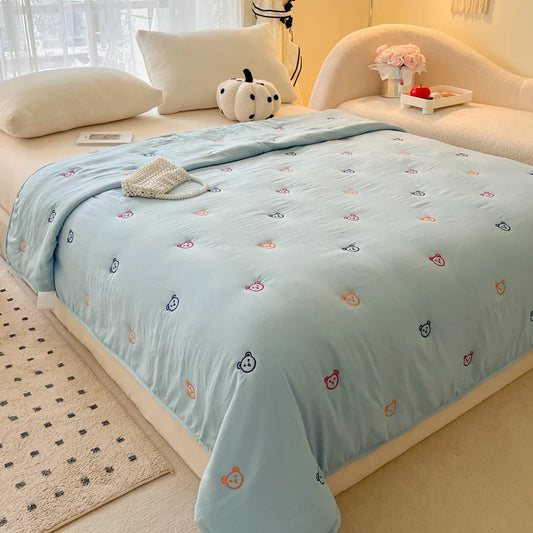 2025 New Embroidered, washed cotton, summer quilt, air-conditioned, skin friendly, breathable, machine washable bedding