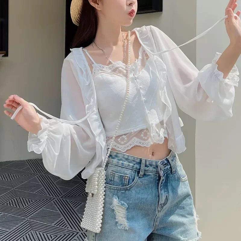Summer Ruffled Shawl Solid Color Chiffon Women's Long Sleeve Thin Y2K Coat Cape Bolero Summer Wear Cloak Shrug  For Vacation