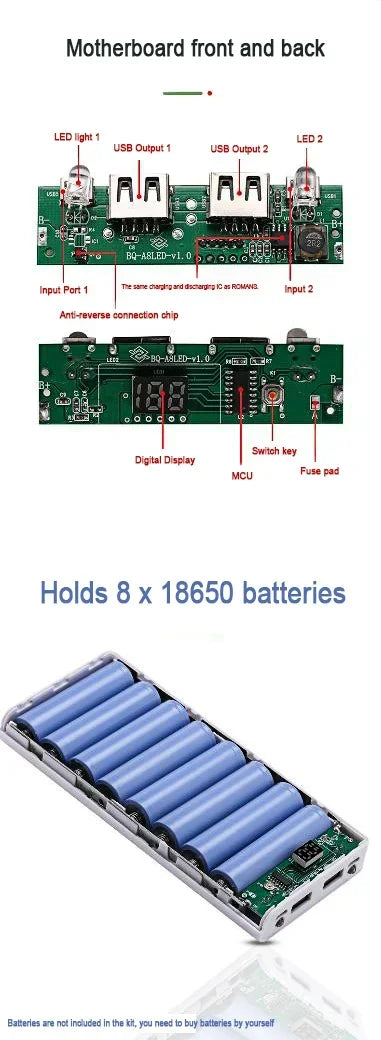 8*18650 Battery Charger Box Digital display panel Fast Charging USB Power Bank Battery Charge Box with LED Digital Display Light