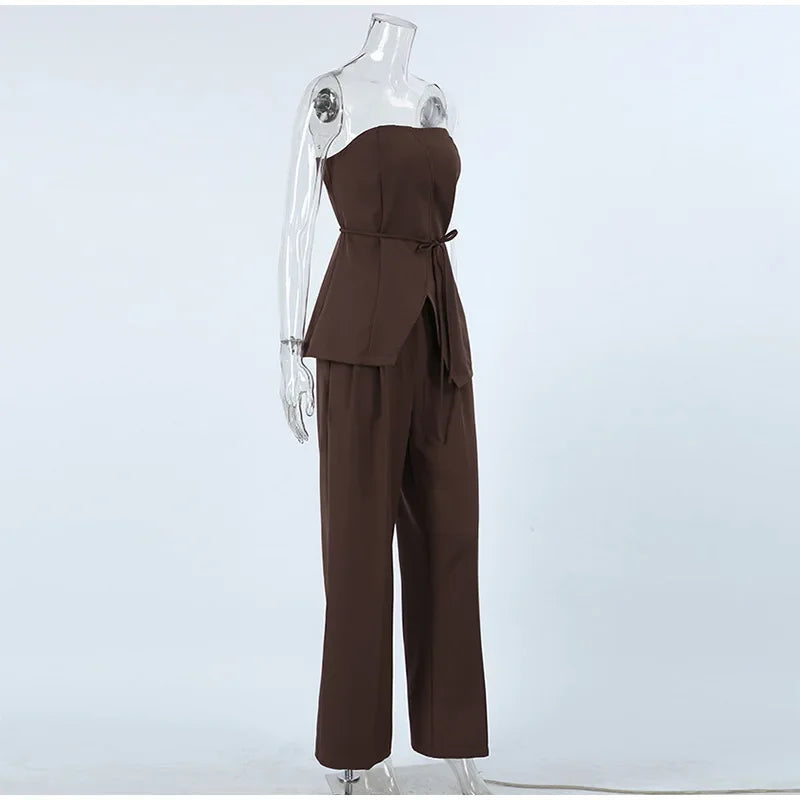 Women Pant Sets Sexy Backless Straps Sleeveless Lace Up Vest Loose Wide Leg Pants Suit Female Summer Fashion Lady Outfits