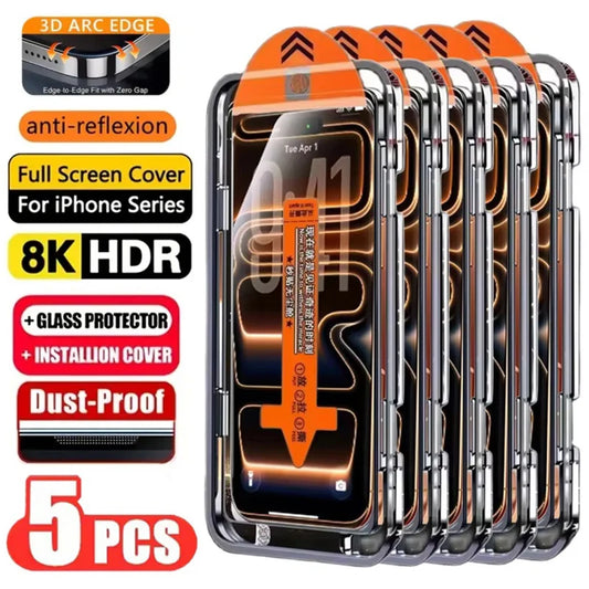 5PCS Easy Install HD Screen Protector For iPhone 17 16 13 Pro Max 11 15 14 16e 12 Mini XR X Xs 7 8 Plus Air Tempered Glass
