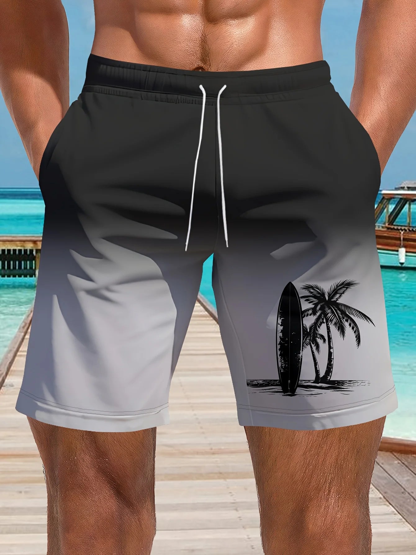 Men's Ocean Coconut Tree Print Beach Shorts Summer New Vacation Surfboard Shorts Casual Classic Men's Quick-Dry Shorts