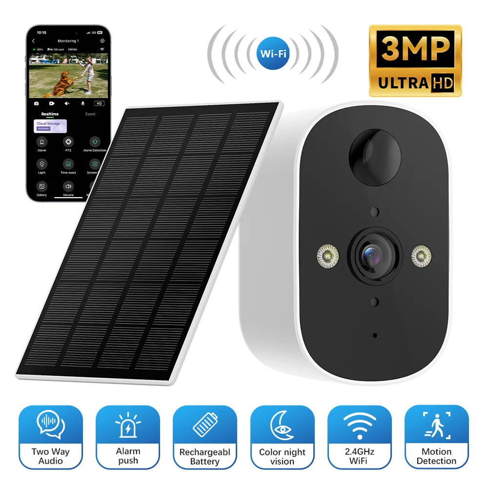 Solar Security Camera Wireless Outdoor 3MP Home Surveillance IP65 Waterproof Color Night Vision Two Way Audio Human Detection