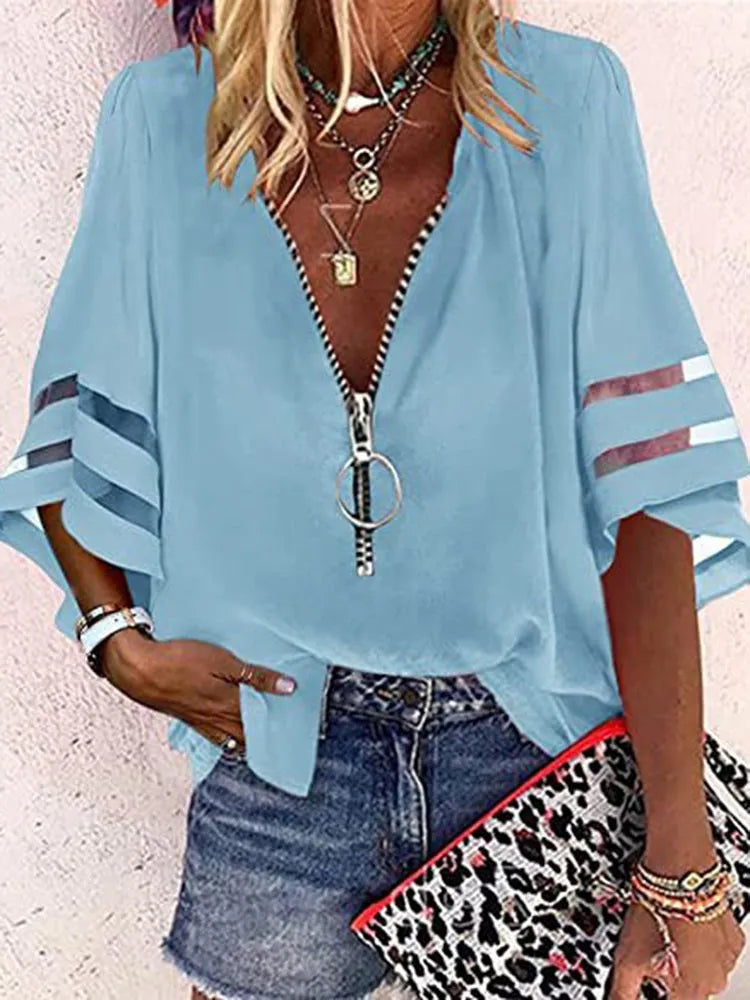 Summer Shirt Elegant Women Lace Patchwork Flared Sleeve Mesh White Blouse Women Zipper V-Neck Loose Casual Tops Streetwear Femal