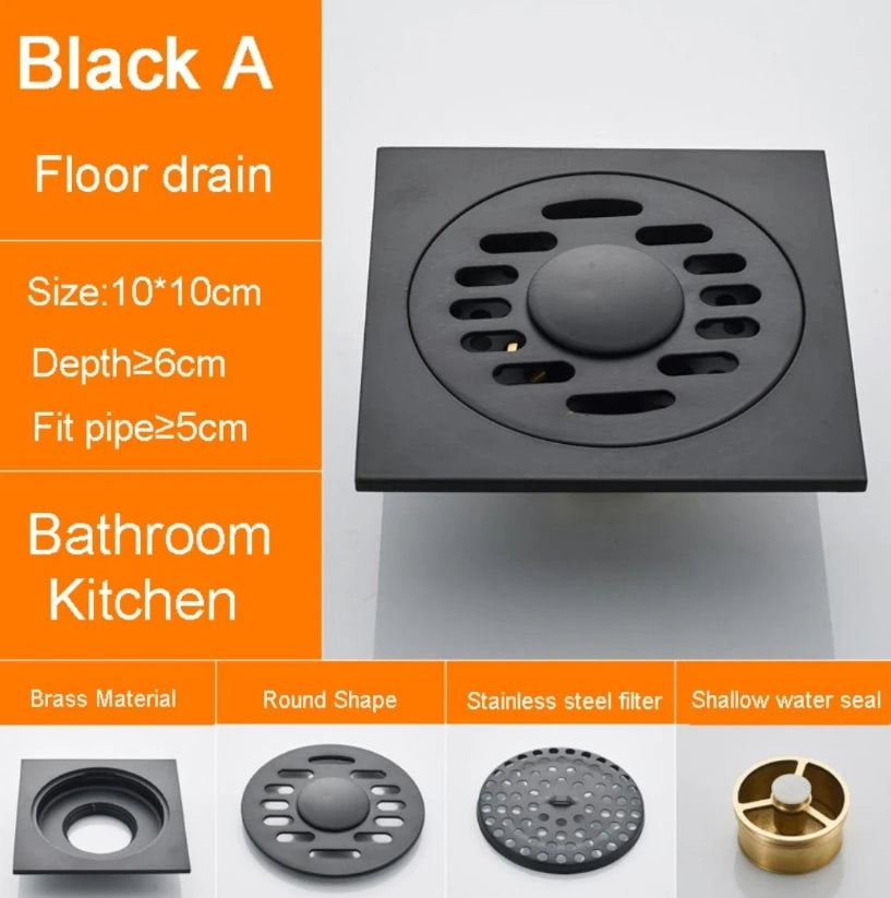 Shower Drains 10*10cm Square Bath Drains Strainer Hair Antique Brass Fish Carved Bathroom Floor Drain Waste Grate Drain