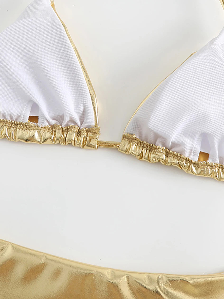 Sexy Metallic Halter Bikinis Sets Lace Up Triangle Tie Side Bikini 2024 Swimsuit Women Swimwear Brazilian Female Bathing Suits