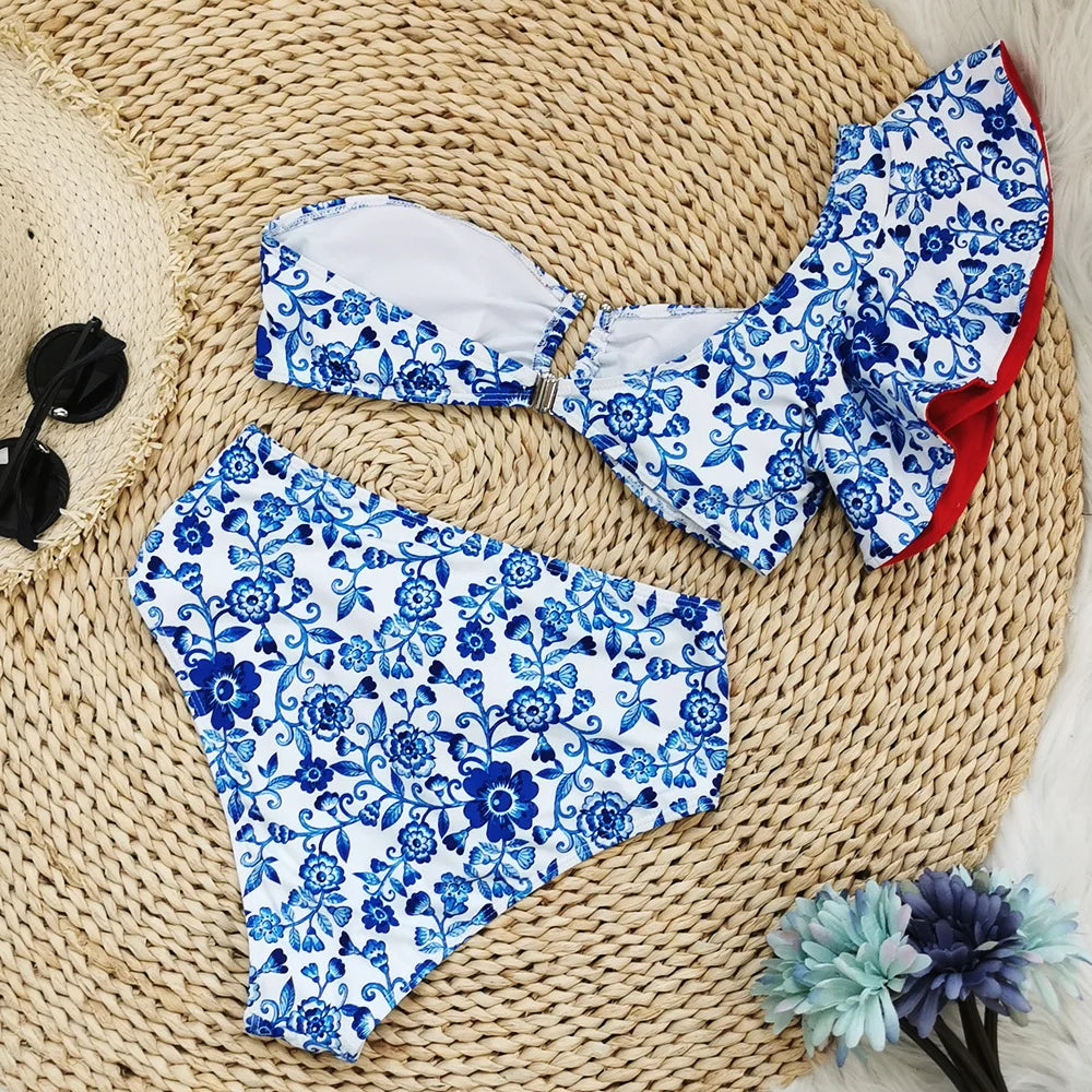 2026 Sexy Bikini Set Women High Waist Classic Off Solid Ruffle Sleeves Swimwear Red Separate Deep V Swimsuit Vintage Beach Set