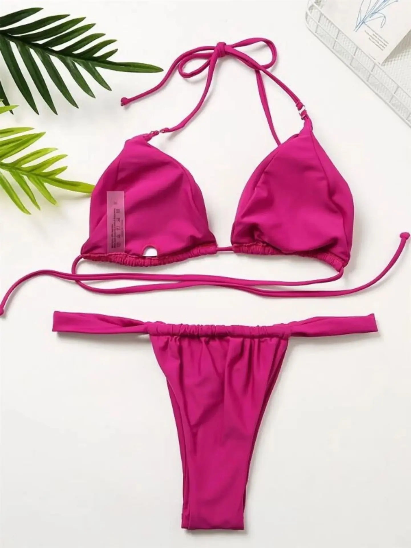 2025 Yearly Bikini Swimsuit Women's Separate Strap Pure Color Fabric Chest Pad Gathered Casual Beachwear Swimwear Set