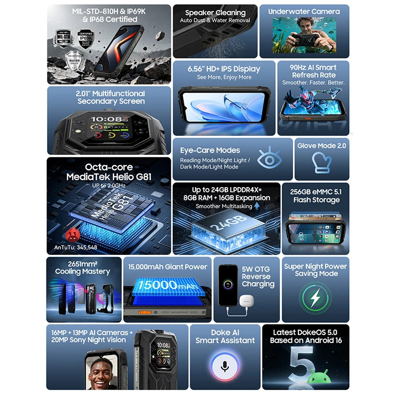 Blackview ROCK 1 AI Rugged Smartphone 6.56-inch 90Hz Display 256GB MediaTek Helio G81 Android 16 NFC Torch 15000mAh Cellphone