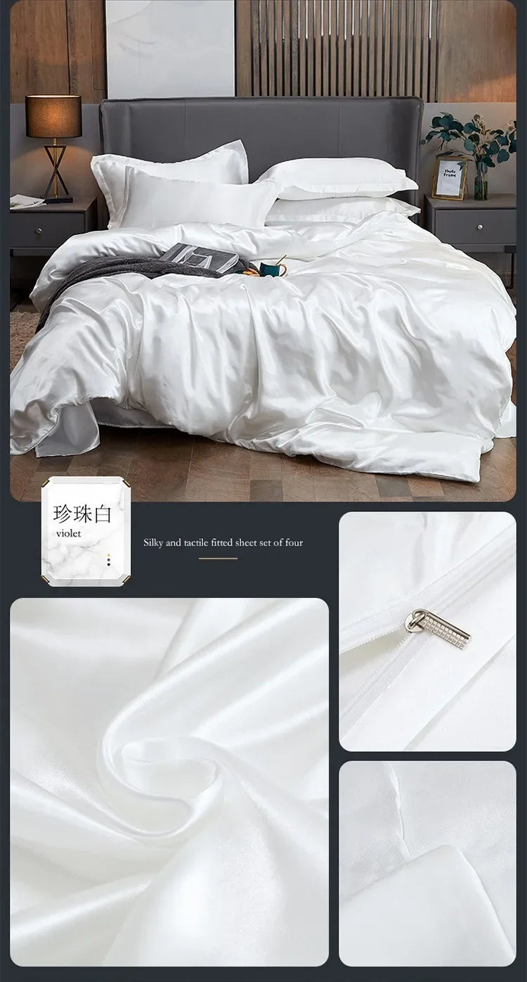 Solid Color Silk-like Bedding European and American Bed Sheet Quilt Cover Pillowcase