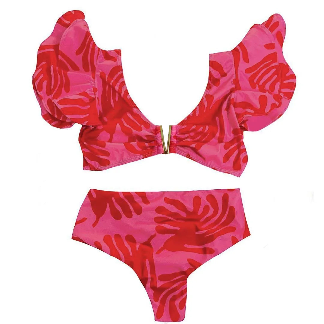 2026 Sexy Bikini Set Women High Waist Classic Off Solid Ruffle Sleeves Swimwear Red Separate Deep V Swimsuit Vintage Beach Set