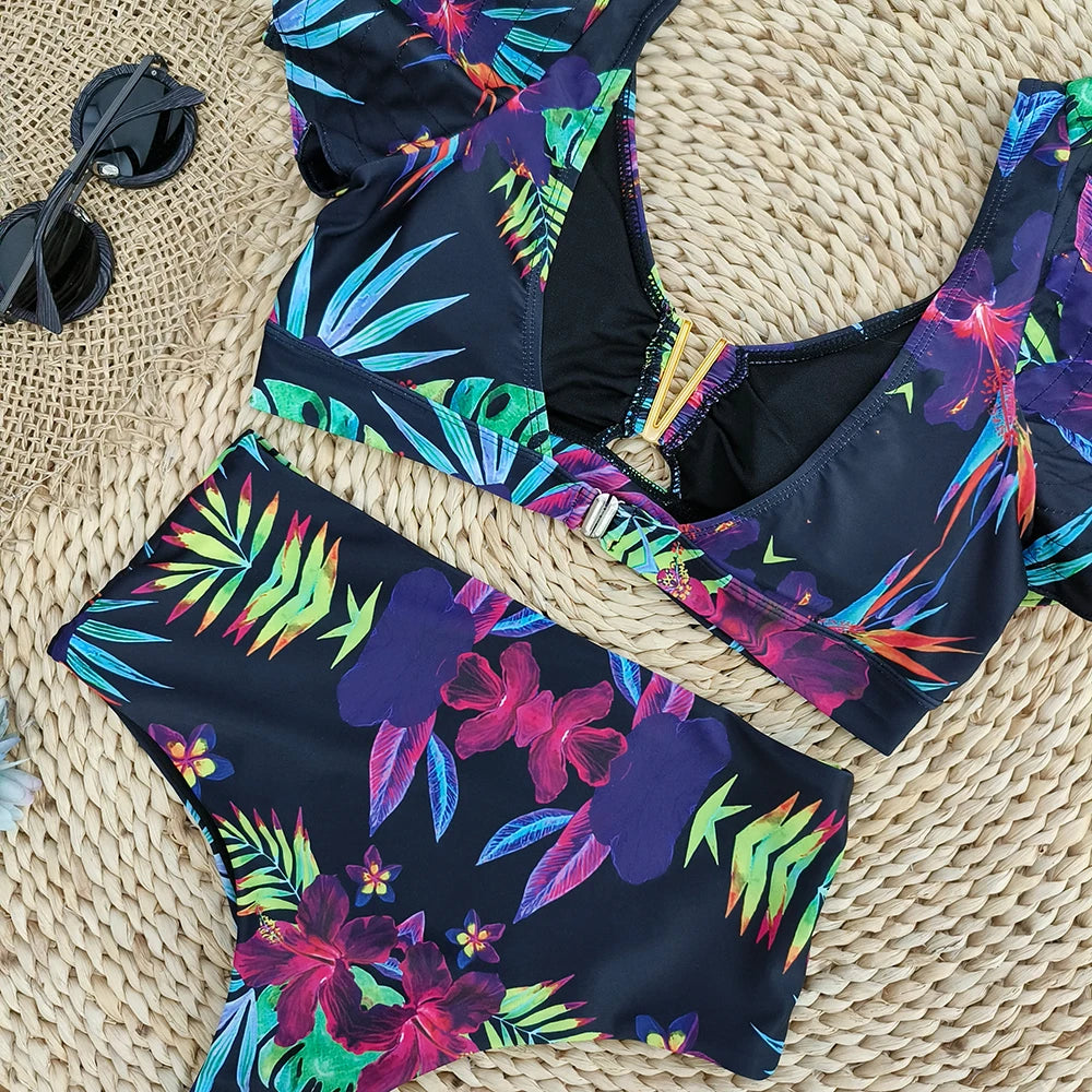 2026 Sexy Bikini Set Women High Waist Classic Off Solid Ruffle Sleeves Swimwear Red Separate Deep V Swimsuit Vintage Beach Set