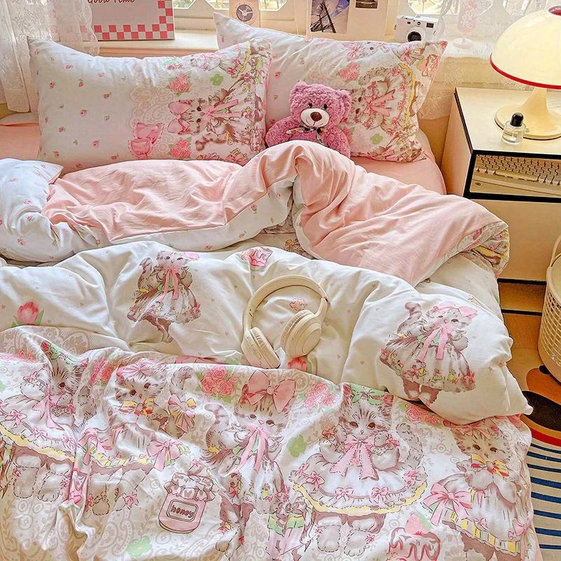 Cute Rabbit Bedding Set New No Filler Ins Floral Duvet Cover Flat Sheet Pillowcases Twin Queen Size Girls Boys Comforter Cover