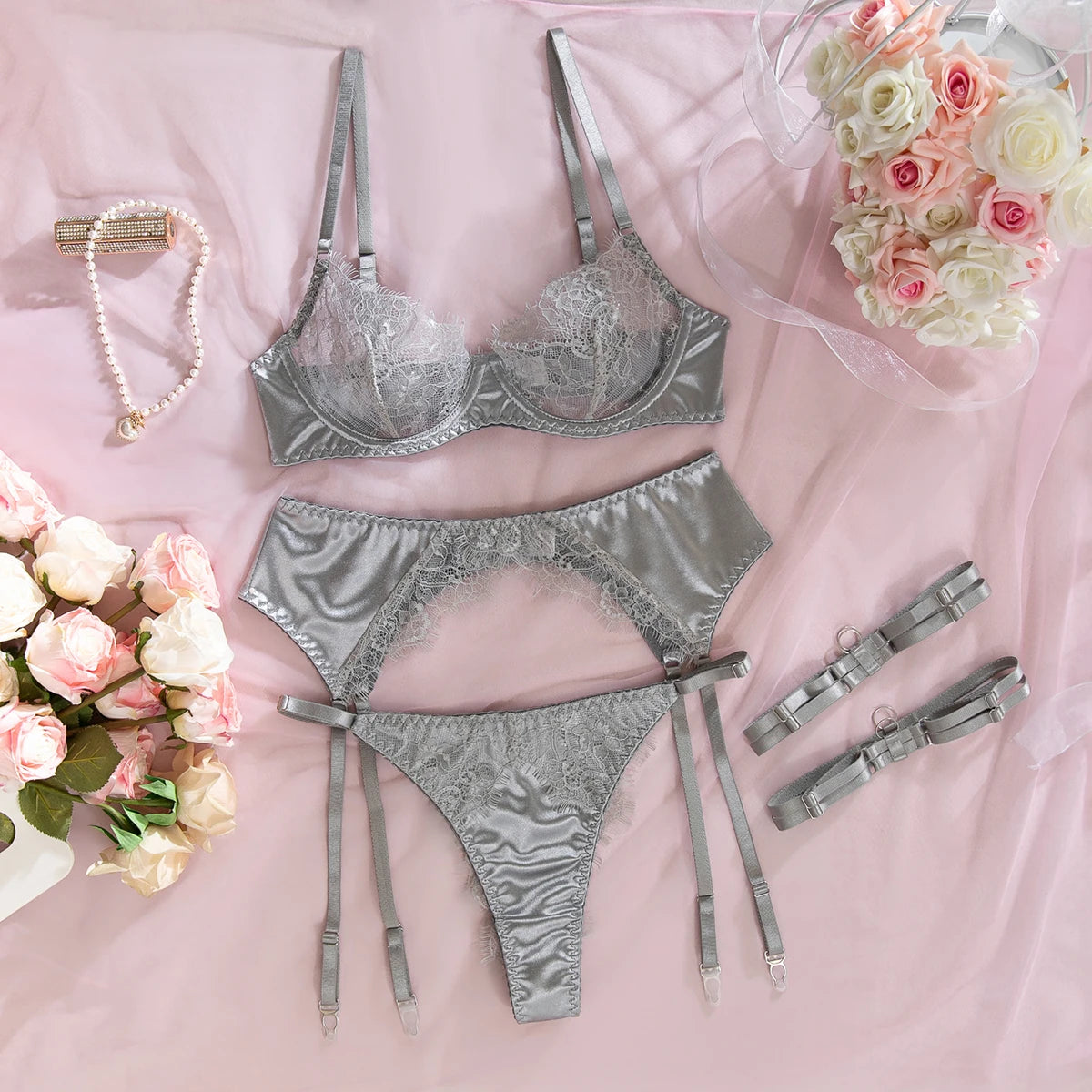 Sexy 3PCS Lace Satin Lingerie Set Underwire Bra + Garter Belt + Thigh Harness Sheer Lenceria Women Erotic Underwear